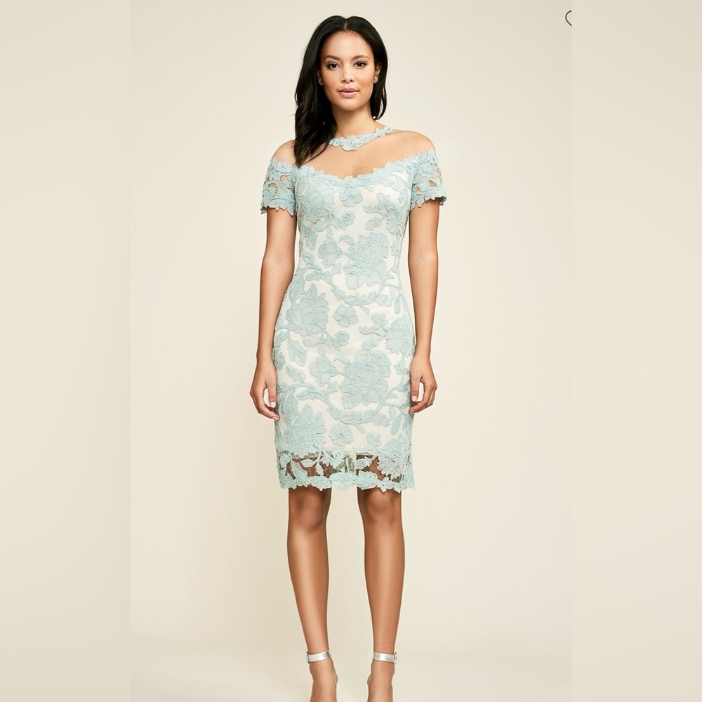 NEW Tadashi Shoji HEDY OFF-THE-SHOULDER ILLUSION DRESS Light Green Size 10 $349 - Picture 1 of 12